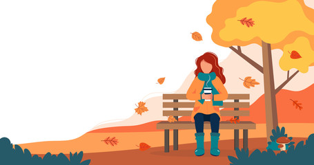 Wall Mural - Girl with coffee sitting on bench in autumn. Cute vector illustration in flat style.