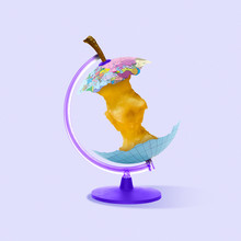 Experienced Traveller Has No Hidden Places. Eated Apple As A Planet On Purple Background. Negative Space To Insert Your Text. Modern Design. Contemporary Colorful And Conceptual Bright Art Collage.