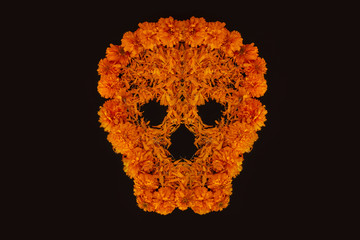 skull made with cempasúchil flower or flor de muerto mexico.