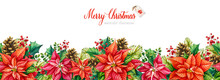 Poinsettia. Christmas Decoration Border. Watercolor Botanical Handpainted Illustration. Collection Of Christmas Element. Happy New Year. Watercolor Merry Christmas. Seamless Pattern.
