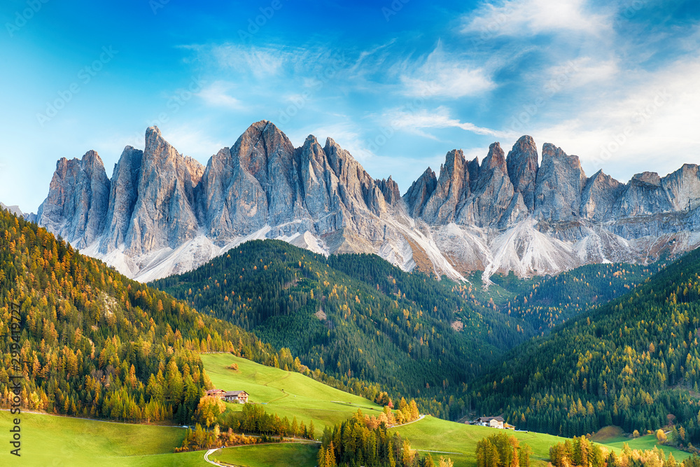 Beautiful landscape of Italian dolomites - Santa maddalena - obrazy, fototapety, plakaty 