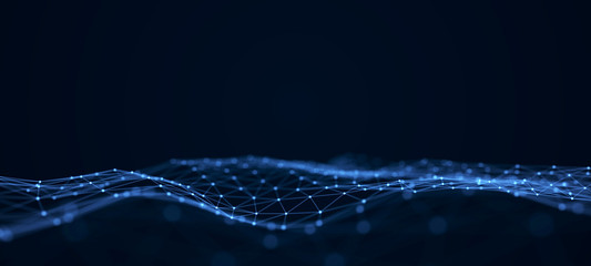 Leinwandbilder - Futuristic abstract mesh. Wave with the connection of dots and lines. 3D rendering.