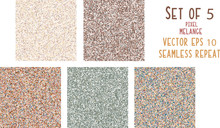 Seamless Pattern Pixel Melange Marl Texture Blend. Muted Earth Dye Tones In Dense Pixelated Noise Style. Boho Micro Mosaic Summer Background. Vector Textile Swatch EPS 10 Set Of 5 Collection