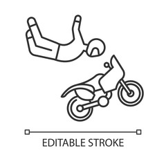 Poster - Freestyle motocross linear icon. Motorcycle stunt riding. Person performing motorcycling air stunt. Thin line illustration. Contour symbol. Vector isolated outline drawing. Editable stroke