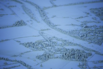 cold winter voxel city landscape computer generated illustration