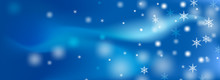 Winter Background Template With Snowflakes Rainy. Beautiful Snow Wallpaper Backdrop For Wintry Season With Smooth Blue Gradient Colors.