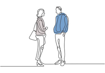 Poster - continuous one line drawing of two workers talking and discussion their work at office. concept of b