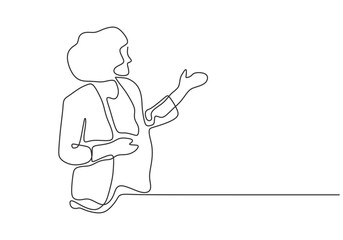 continuous one line drawing of girl standing giving a speech with a paper. vector minimalism of pres