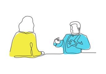 Poster - continuous one line drawing of business discussion of two persons. man talking with secretary or cli