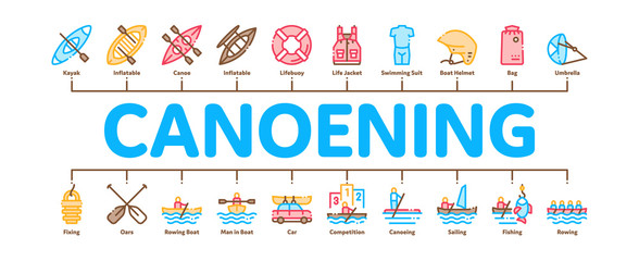 Sticker - Canoeing Minimal Infographic Web Banner Vector. Canoe Transportation On Car And Canoening Protection Safety Life Equipment Concept Linear Pictograms. Color Contour Illustrations