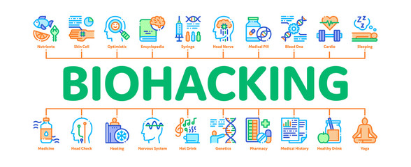 Poster - Biohacking Minimal Infographic Web Banner Vector. Meditation And Brain, Dna And Helix, Genetic And Drugs Biohacking Concept Linear Pictograms. Color Contour Illustrations