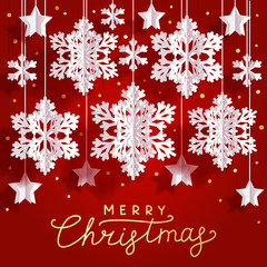 Wall Mural - Christmas greeting card with paper snowflakes and stars on red background for Your holiday design