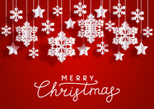Christmas Horizontal Greeting Card With Paper Snowflakes And Stars On Red Background For Your Holiday Design