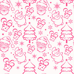 Poster - New Year and Christmas background. Seamless pattern with snowman, Santa Claus and Christmas tree on white background. Great for new year cards, poster, banners, invitations. Color image. Vector.