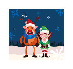 Poster - reindeer and elf with hat in winter landscape