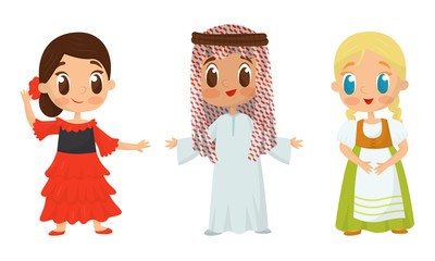 Wall Mural - Big Eyed Kids Characters Wearing Traditional Costumes Vector Set