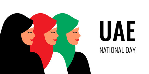 Wall Mural - United Arab Emirates National Day greeting card. Silhouettes in profile of Young arab women wearing colorful hijab. Vector illustration in flat style