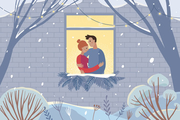 Fototapete - Vector illustration in flat simple style - couple spending time together inside cozy home in winter holiday season