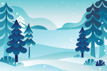 Aufkleber - Winter landscape vector illustration with copy space for text - new year and Christmas holiday greeting card or banner design template - natural scene with trees and mountains