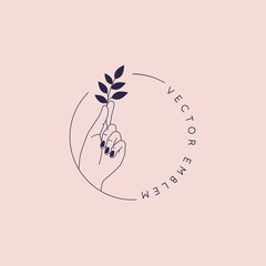 Aufkleber - Vector abstract logo and branding design template in trendy linear minimal style - hand holding leaf- concept for natural beauty