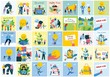 Bundle of cartoon men and women performing outdoor activities on city street. Flat colorful vector illustration people walking, disabled people, standing, talking, running, jumping, sitting, dancing