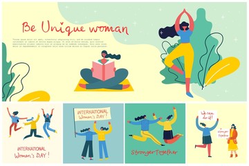 Wall Mural - Concept of women unique background. Stylish modern vector illustration card with happy female woman and hand drawing quote Be unique