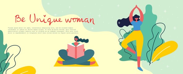 Wall Mural - Concept of women unique background. Stylish modern vector illustration card with happy female woman and hand drawing quote Be unique