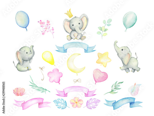 Little elephants, tropical plants, balloons, ribbons Wallpaper Mural
