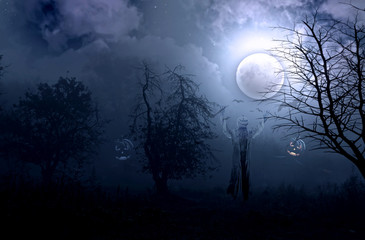 Wall Mural - Night foggy mystical garden and a scarecrow against the backdrop of the full moon