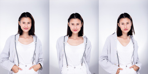 Wall Mural - Collage Group Pack of Fashion Young skinny Asian Woman short hair wear white Shirt Necktie, clips suspenders posing attractive glam look. Studio Lighting white Background isolated copyspace