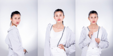 Wall Mural - Collage Group Pack of Fashion Young skinny Asian Woman short hair wear white Shirt Necktie, clips suspenders posing attractive glam look. Studio Lighting white Background isolated copyspace