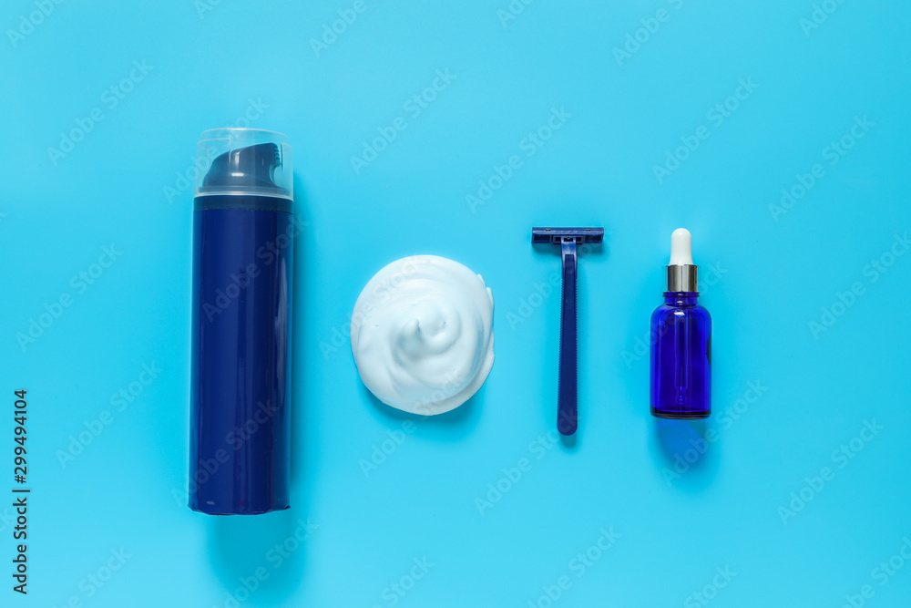 Set for male shaving on color background