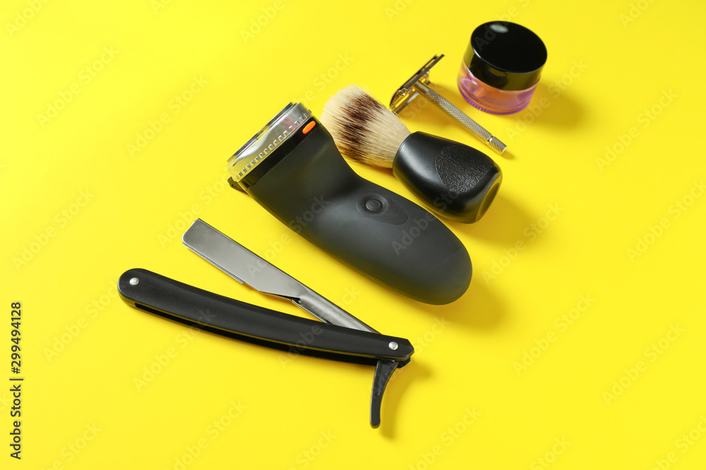 Set for male shaving on color background