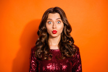 Wall Mural - Close-up portrait of her she nice attractive gorgeous winsome girlish lovely lovable pretty wavy-haired girl sending air kiss isolated over bright vivid shine vibrant orange color background