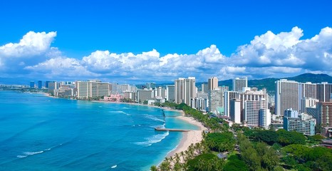 panorama aerial drone view of waikiki beach honolulu hawaii usa white sandy beach turquoise blue wat