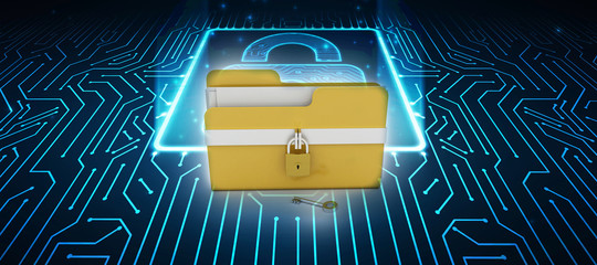 Poster - Yellow folder and lock. Data security concept. 3D rendering