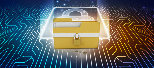 Poster - Yellow folder and lock. Data security concept. 3D rendering