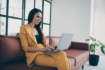 Wall Mural - Profile side view of her she nice attractive charming pretty trendy gorgeous focused smart lady launching new real estate start-up in modern style interior glass room flat house apartment