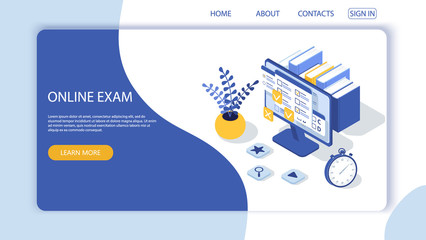 Landing page with design template for questionnaire form, online education survey. Online exam computer web app. Education, knowledge vector concept.