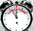Lunchtime soon, almost there, in short time - a clock symbolizes a reminder that Lunchtime is near, will happen and finish quickly in a little while, 3d illustration