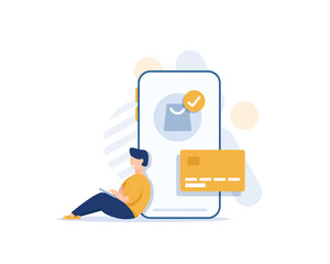 Fototapete - Modern flat design concept of online shopping with small people,mobile website development. UI and UX design