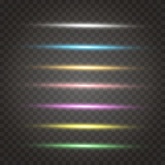 Wall Mural - vector set of neon laser glow light . horizontal gleaming line flash effect on transparent. Decorative colorful highlight design detail for text ads and titles.