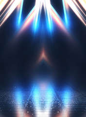 Empty background scene. Dark street reflection on wet asphalt. Rays of neon light in the dark, neon shapes, smoke. Background of an empty stage show. Abstract dark background.