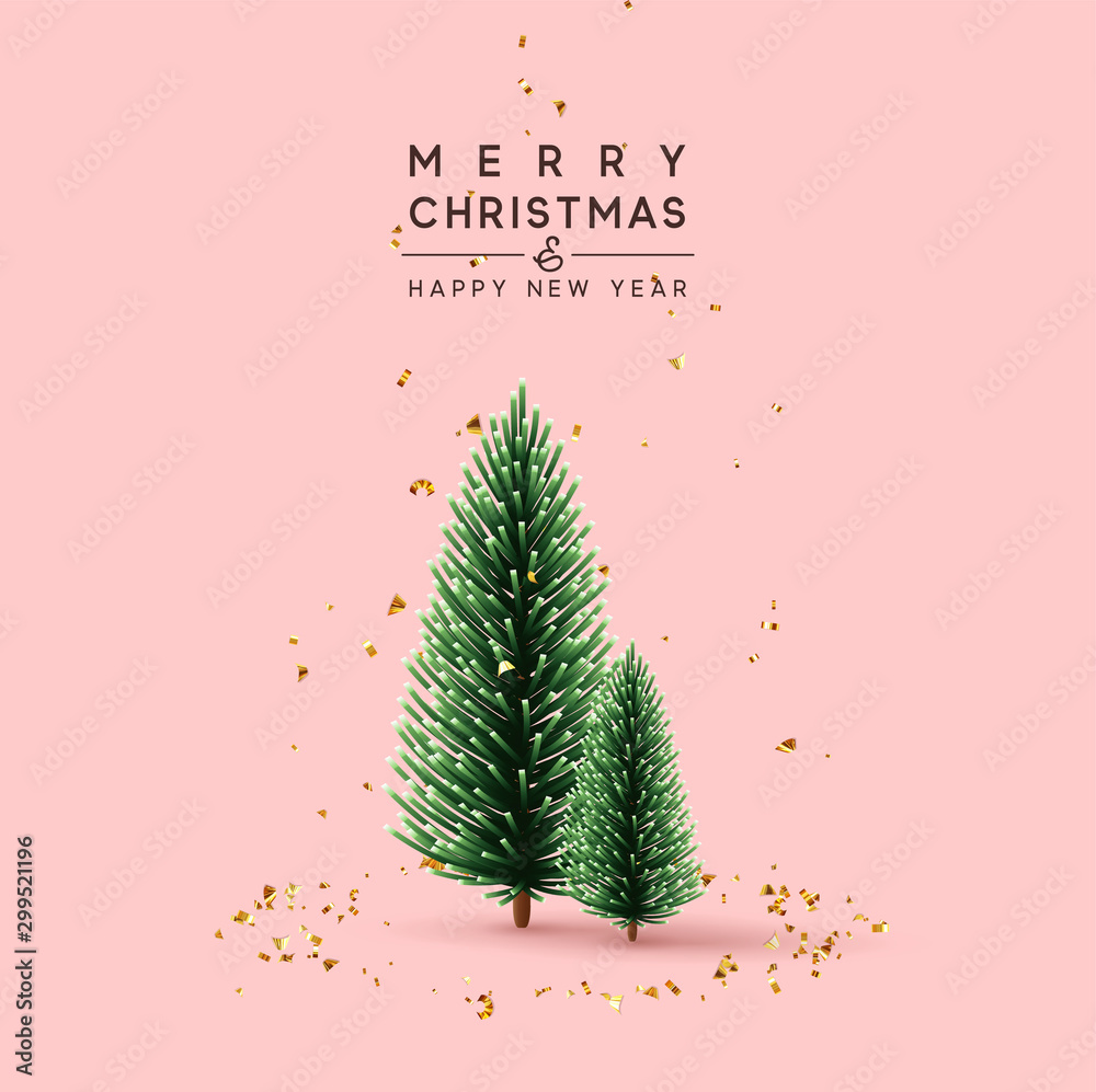 Merry Christmas and Happy New Year. Pink Background with decorative pine and spruce trees. Falling glitter gold confetti. Xmas greeting card, holiday poster, banner for web site. vector illustration - obrazy, fototapety, plakaty 
