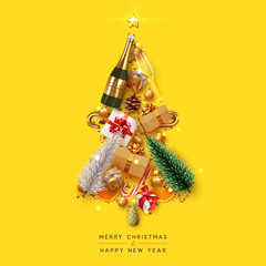 Wall Mural - merry christmas and happy new year. xmas festive background with realistic objects. composition shap