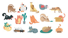 Large Set Of Cartoon Cats At Various Activities Stretching, Sleeping, Playing, Grooming And Fetching Yarn In A Flat Vector Illustration On White For Design Elements