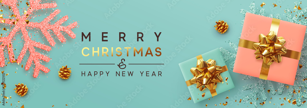 Christmas banner. Background Xmas design of realistic gifts box, blue pink snowflake and glitter gold confetti. Horizontal poster, greeting card, header, website. Decoration objects flat lay, top view - obrazy, fototapety, plakaty 
