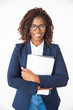 © Mangostar - Cheerful smart intern wearing glasses, holding folder and papers. Young African American business woman posing isolated over white background. Job candidate concept