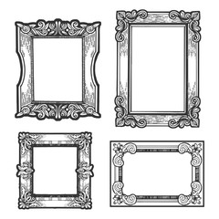 Vintage picture frames set sketch engraving vector illustration. T-shirt apparel print design. Scratch board imitation. Black and white hand drawn image.