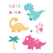 Set of cute isolated dinosaurs. Triceratops, brontosaurus, tyrannosaurus, egg, tropical leaves. Vector illustration for children on a white background.